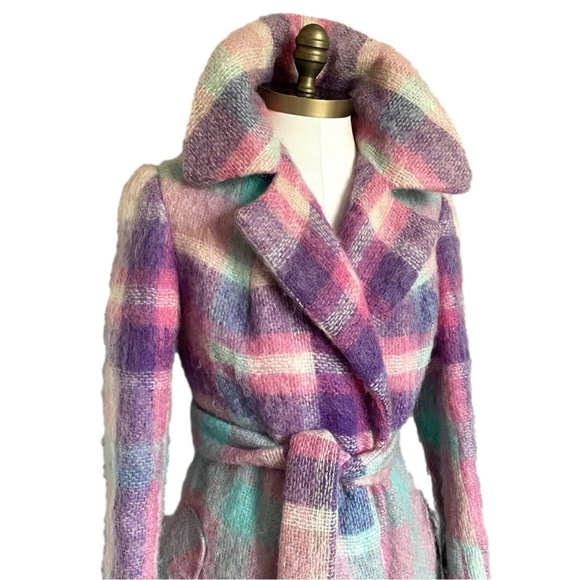 Vintage Pastel Colourful Plaid Mohair Long Coat - S/6-8US ๐ธ - Picture 4 of 14